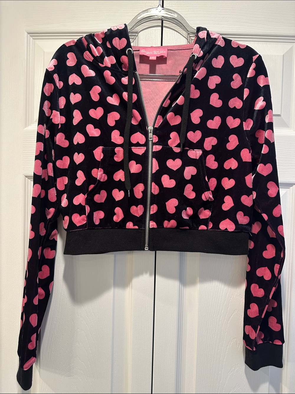 Sugar Thrillz Black Zip Hoodie with Pink Heart Print